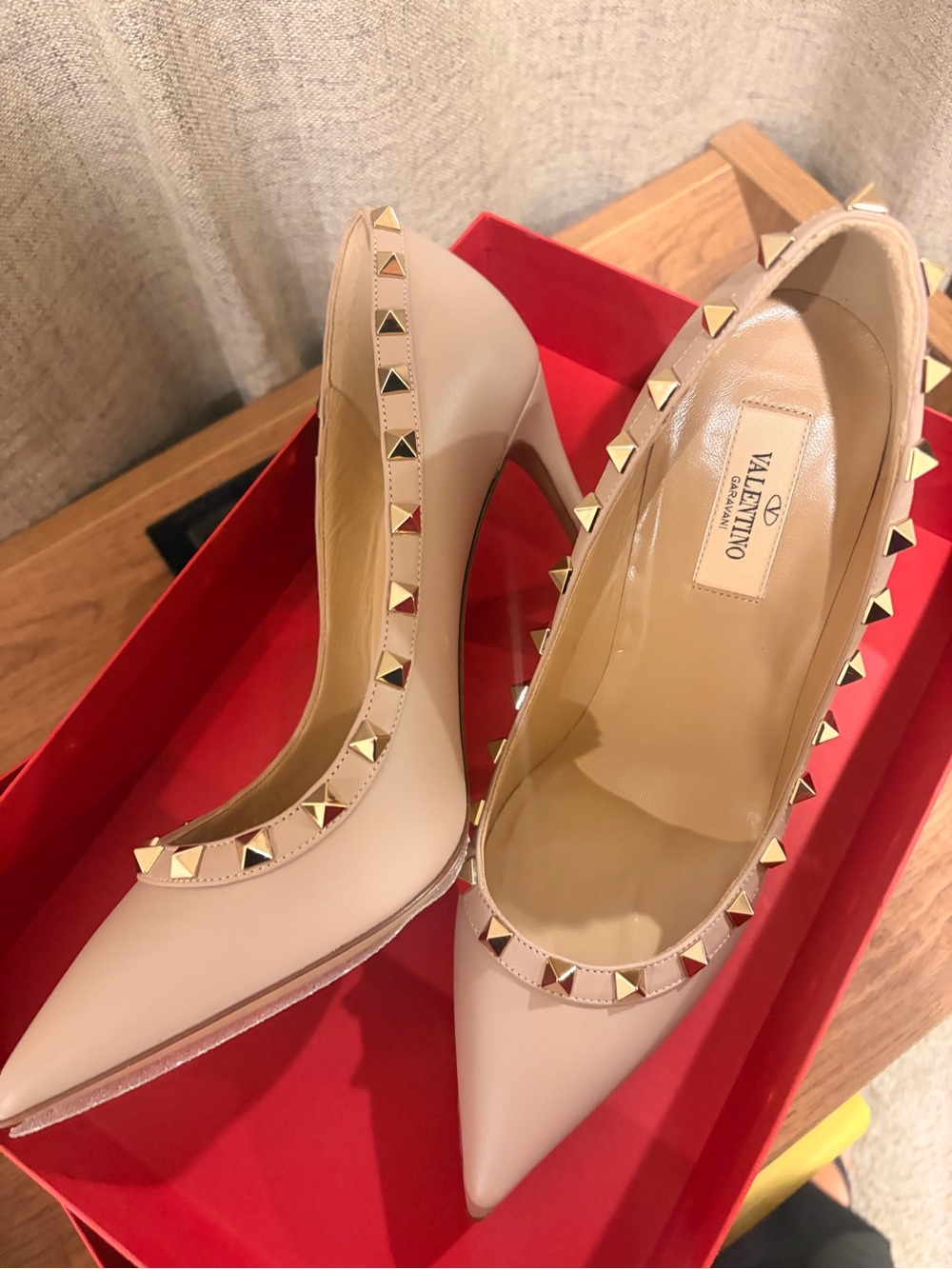 Valentino Nude Leather Pointed Rockstud Pumps with Gold Studs